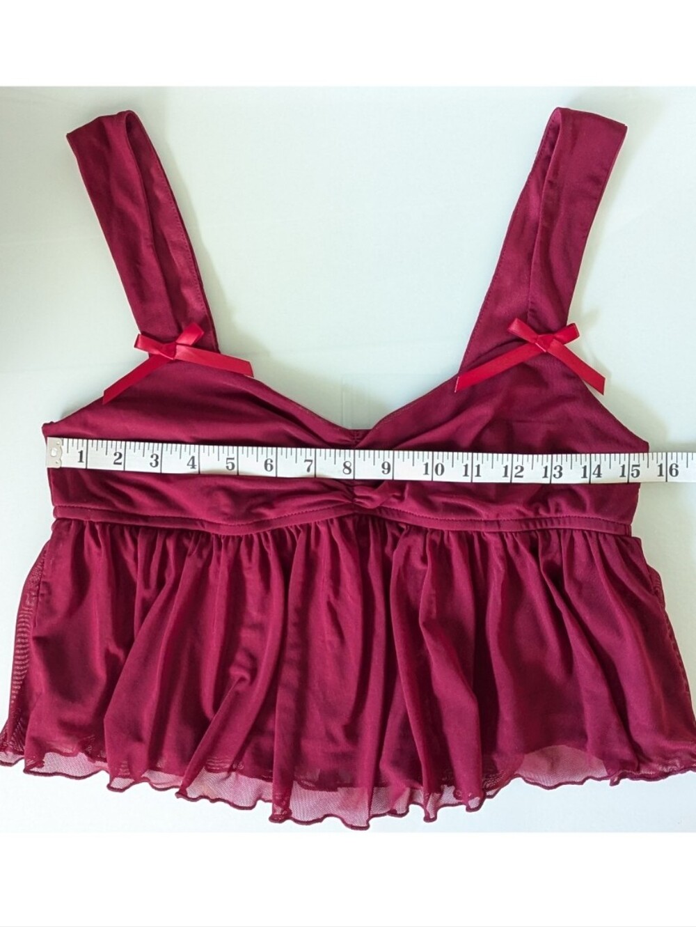 Easelle Red Mesh Ruffle Trim Babydoll Camisole Tank Top - Picture 3 of 9
